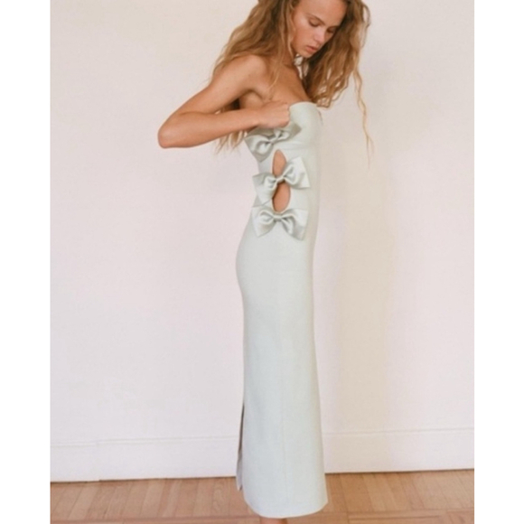 Bloggers Fave Zara Bow Dress, Size S Light Blue Green Sage - Picture 4 of 11